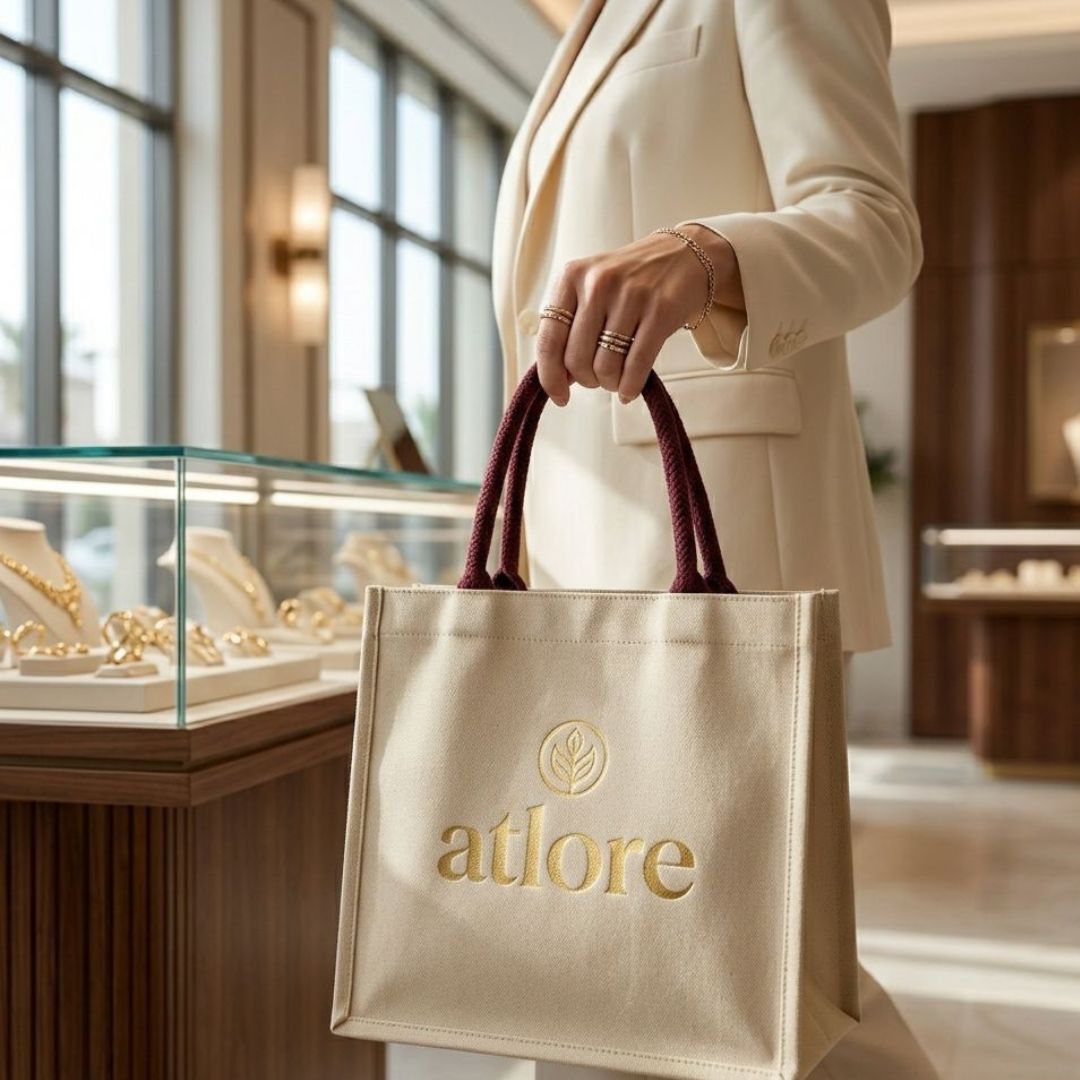 branded reusable jute and cotton totes in boutique