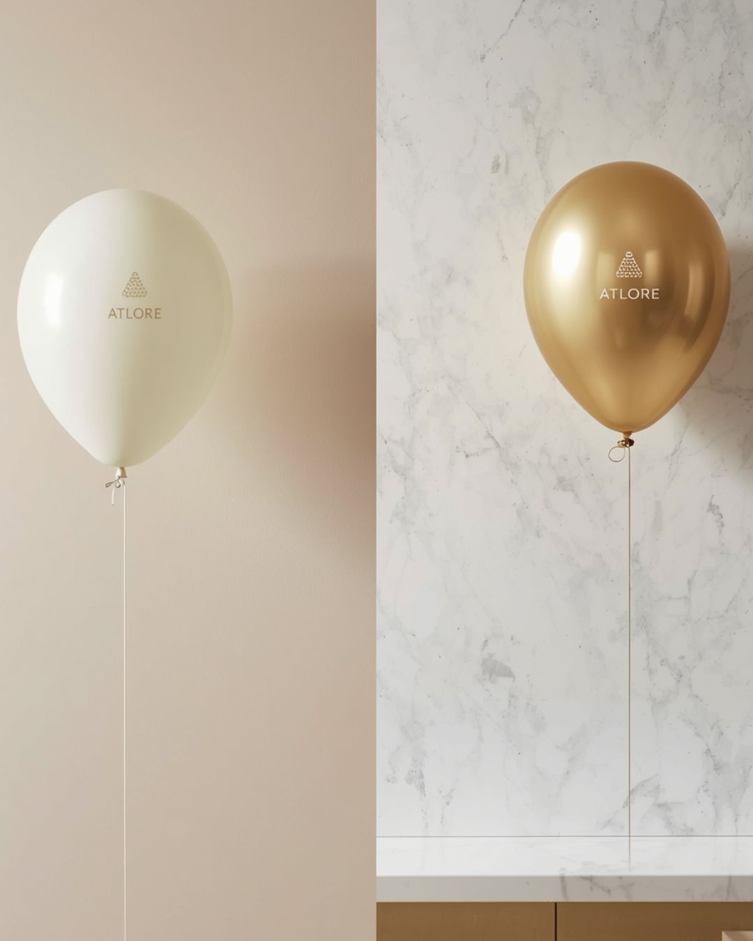 A side-by-side B2B wholesale comparison of Atlore’s matte cream and champagne gold metallic balloon options.
