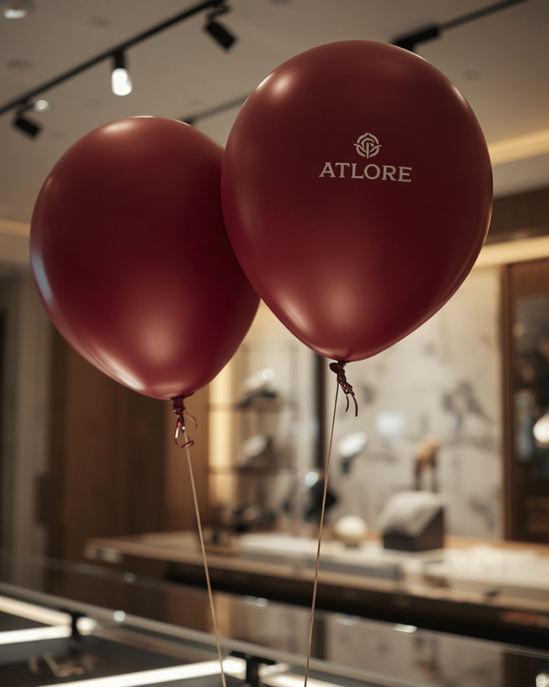 Atlore premium matte maroon wholesale balloons floating gracefully above a watch boutique display case.