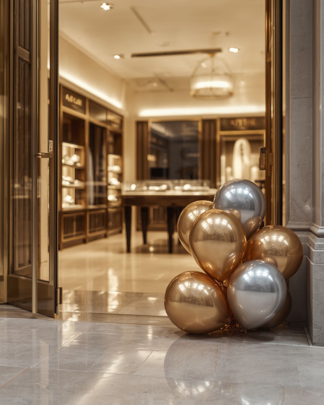 A sophisticated wholesale cluster of Atlore gold chrome balloons welcoming guests at a luxury jewelry store entrance.