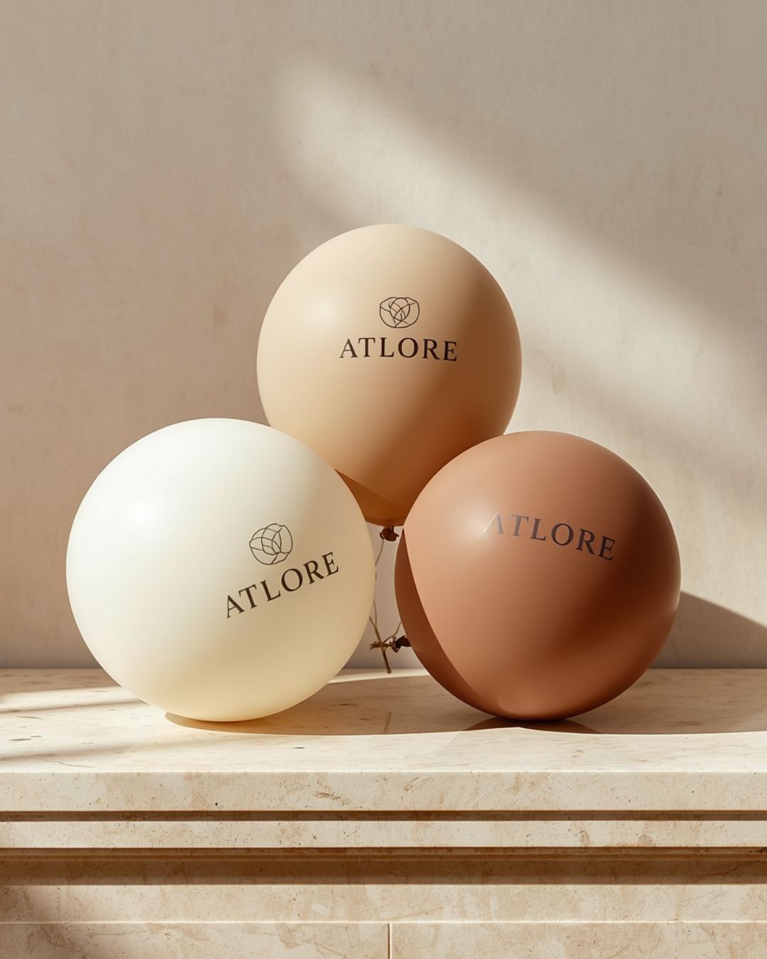 A premium wholesale selection of perfectly sized Atlore matte beige, cream, and clay balloons on a boutique counter.