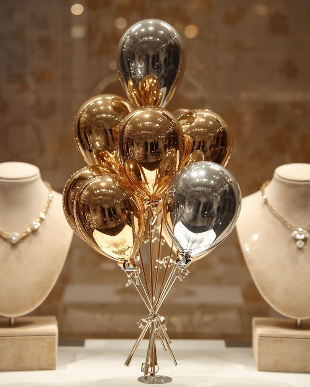 A curated wholesale stack of Atlore gold and silver chrome balloons inside a luxury storefront display window.