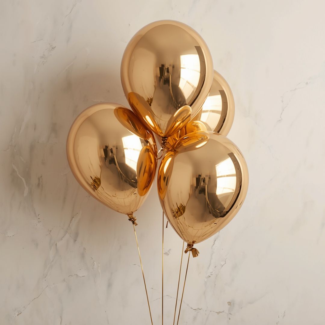 Atlore's luxury wholesale liquid metallic champagne gold balloons floating against a texture cream marble boutique wall.