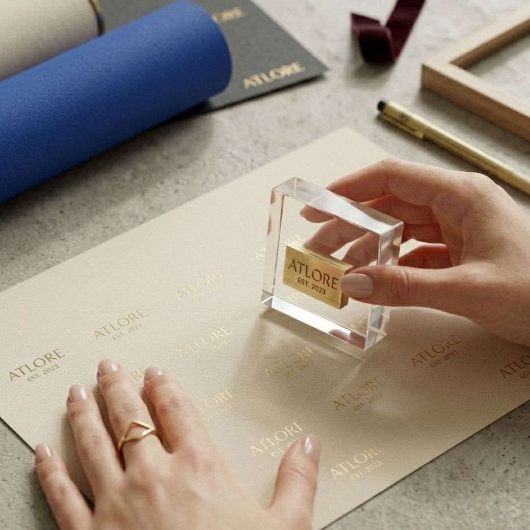 atlore text stamp onto premium sheet of cream paper