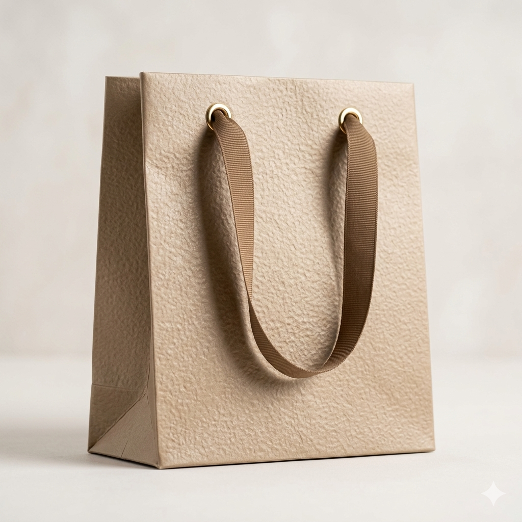 Wholesale warm beige client carrier bag crafted from heavy protective-coated hammered-texture special paper.