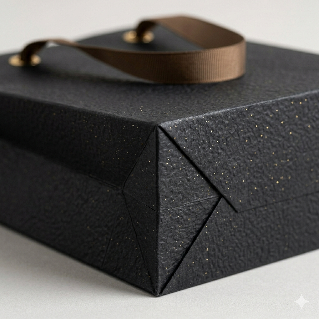 Detailed macro view of dyed-through charcoal black special paper with subtle embedded gold metallic flecks and a protective coating.
