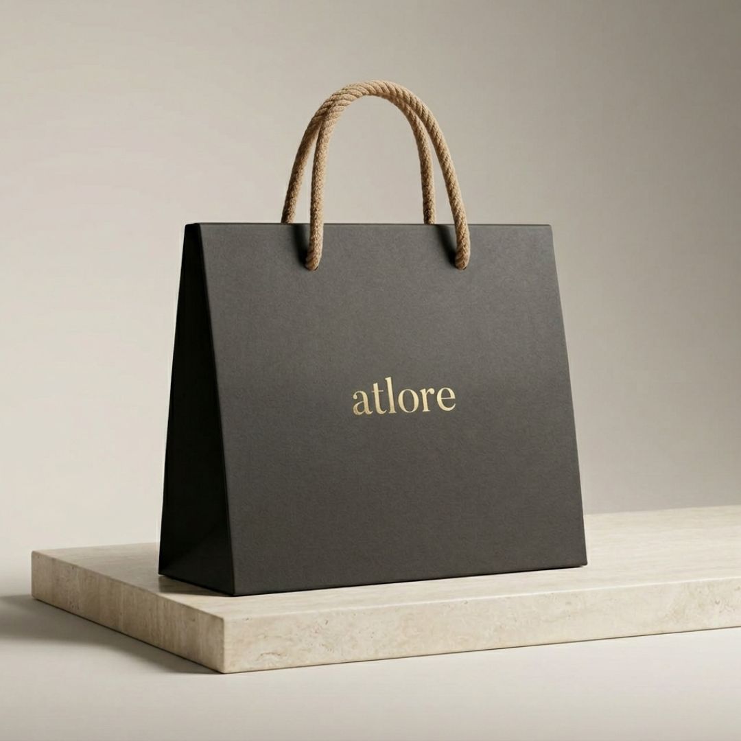 Custom wholesale matte charcoal paper packaging carrier bag with beige rope handles and gold foil Atlore logo for luxury jewelry boutiques.