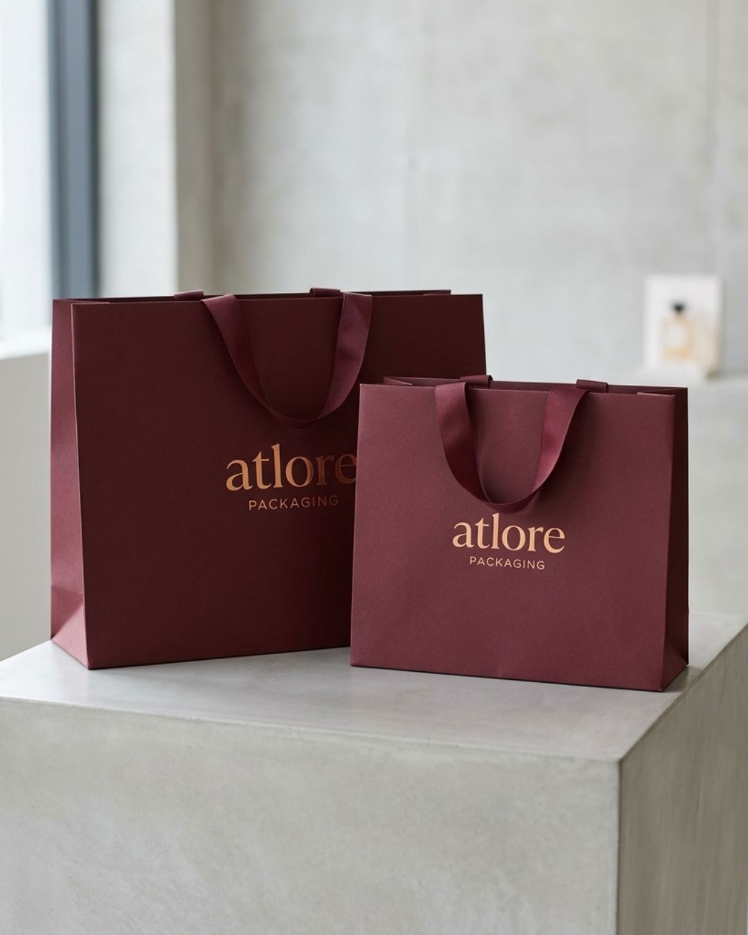 Wholesale deep maroon paper packaging carriers featuring elegant grosgrain ribbon handles for high-end boutique retail