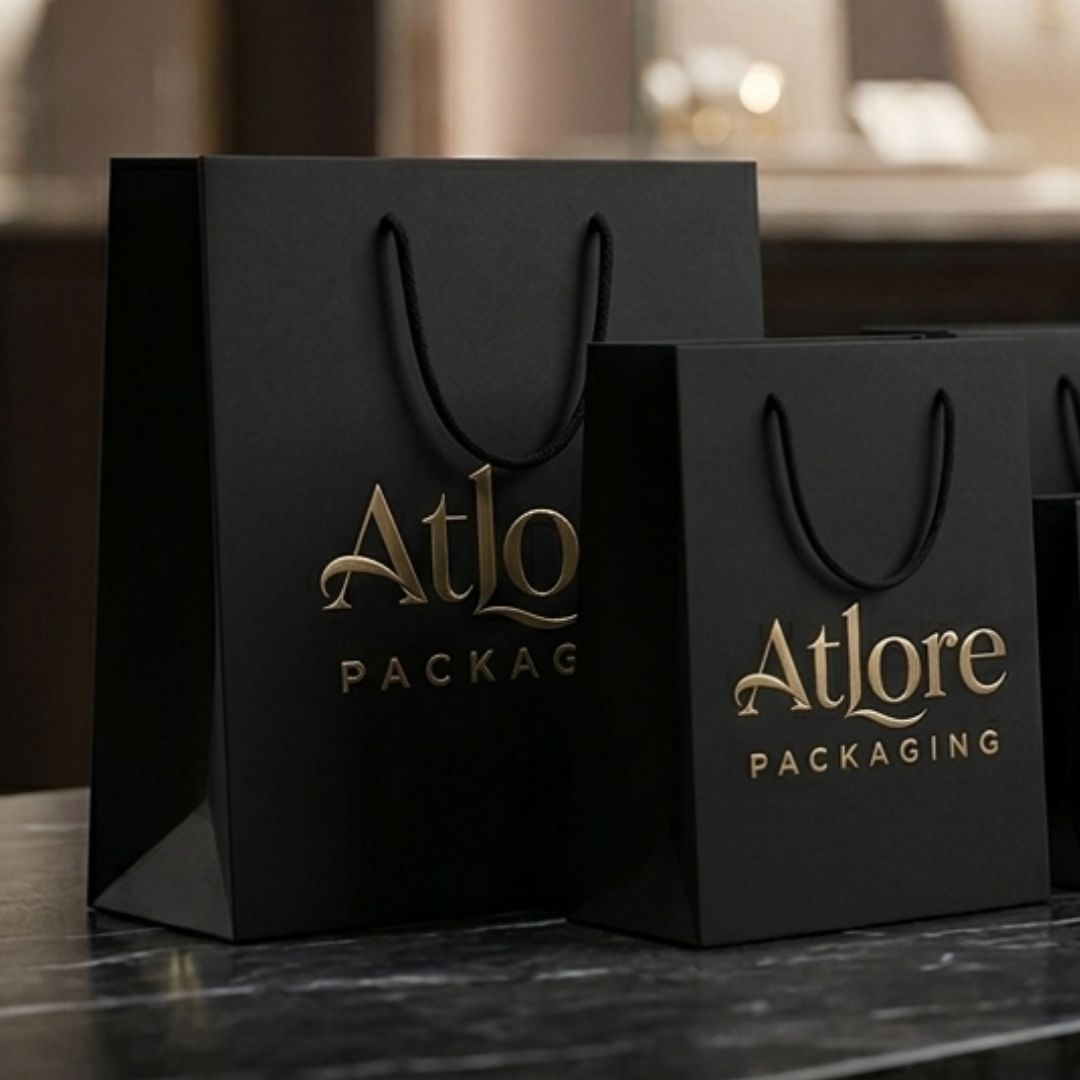 Collection of wholesale minimalist black luxury paper carrier bags for boutique and high-jewelry house packaging.