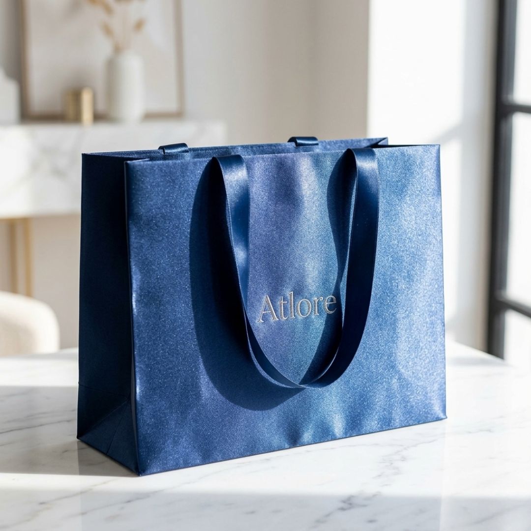  Premium navy blue high-lustre satin-coated rigid paper carrier bag with ribbon handles resting on a boutique counter.