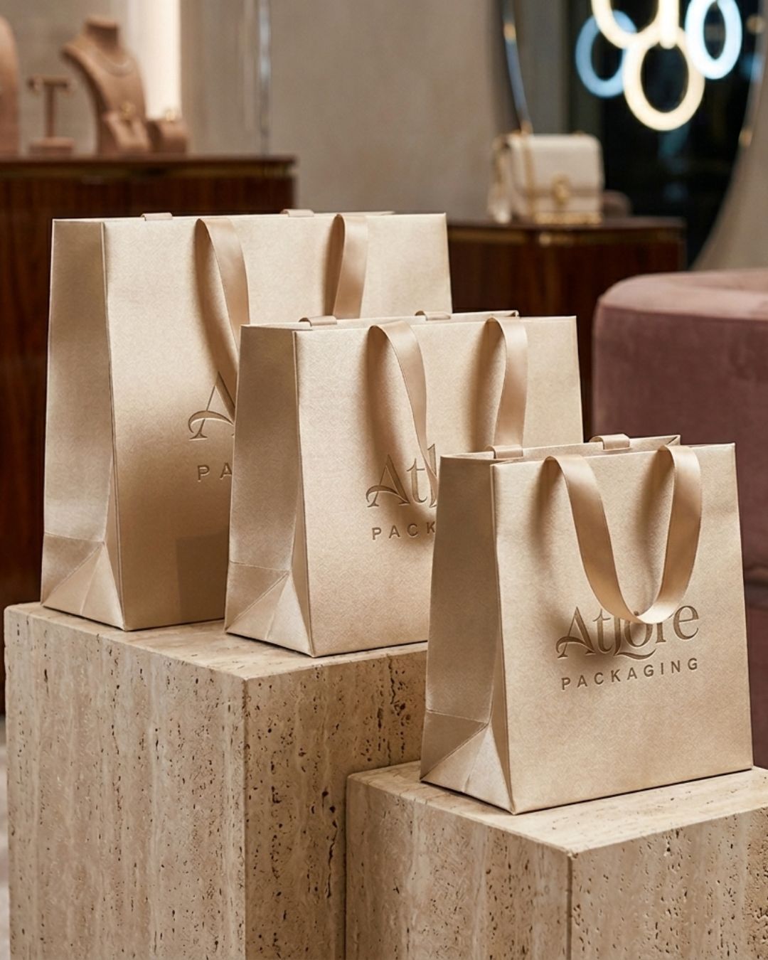  Wholesale champagne gold satin-coated structural paper carrier bags for luxury jewelry boutique presentation.
