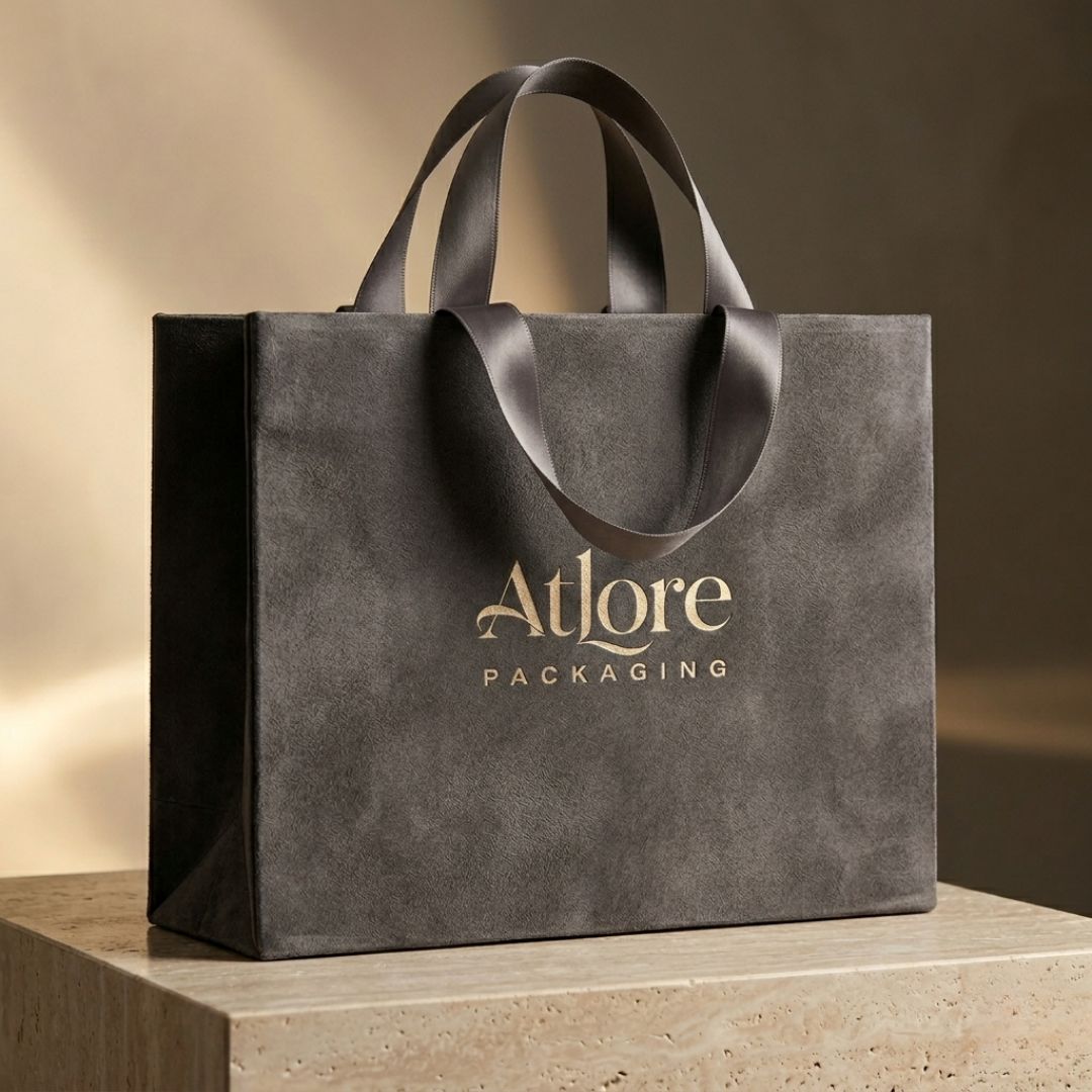 Wholesale rigid paper carrier bag coated in charcoal grey suede with leather handles for high-end jewelry packaging