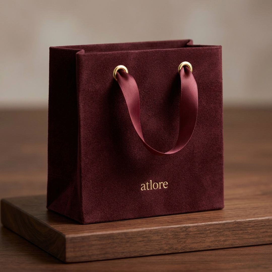 Deep maroon suede-coated rigid paper boutique bag featuring luxury gold chain handles for fine jewelry packaging