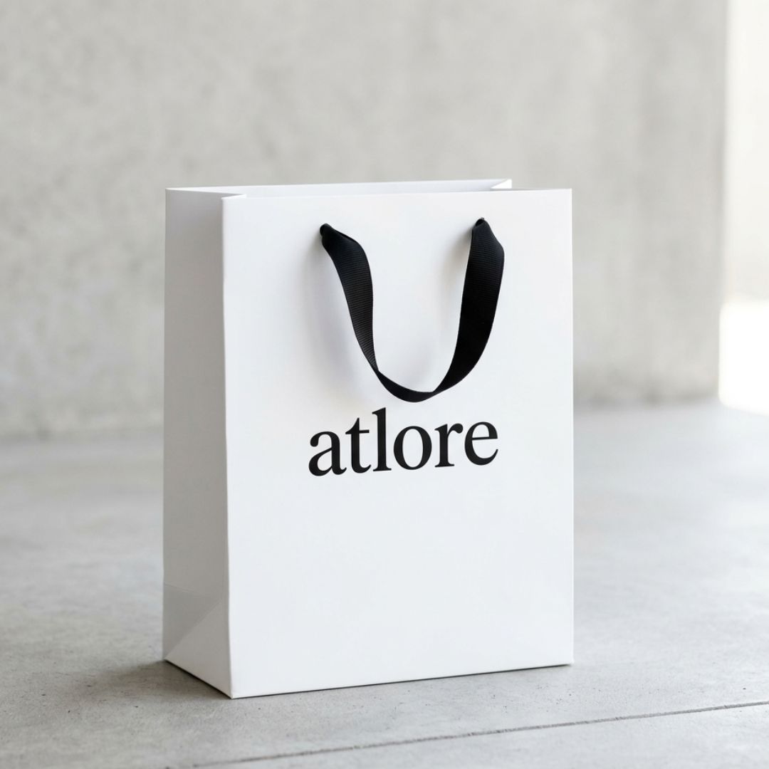 Rigid wholesale white card jewelry carrier packaging bag with a matte white coating, black grosgrain handles, and Atlore branding.