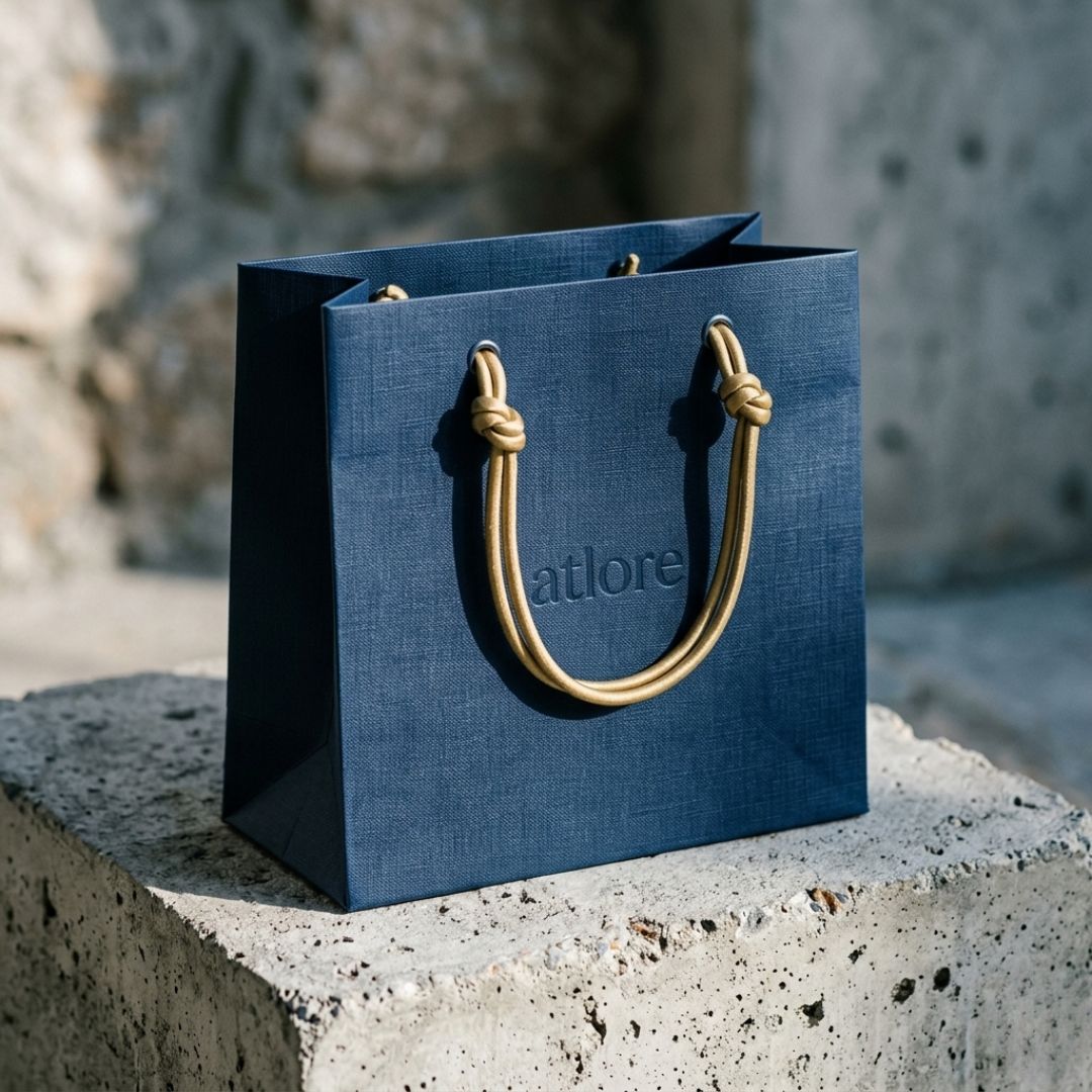 Custom deep navy linen-textured special paper packaging carrier bag with protective coating and matte gold silk cord handles by Atlore.