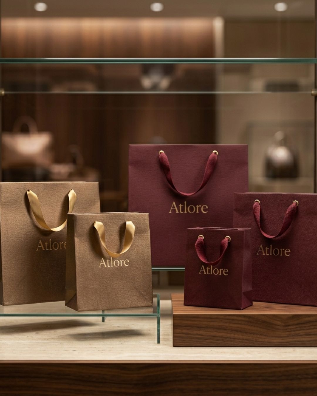 Wholesale custom textured metallic bronze and maroon special paper packaging carrier bags with a protective sheen finish.