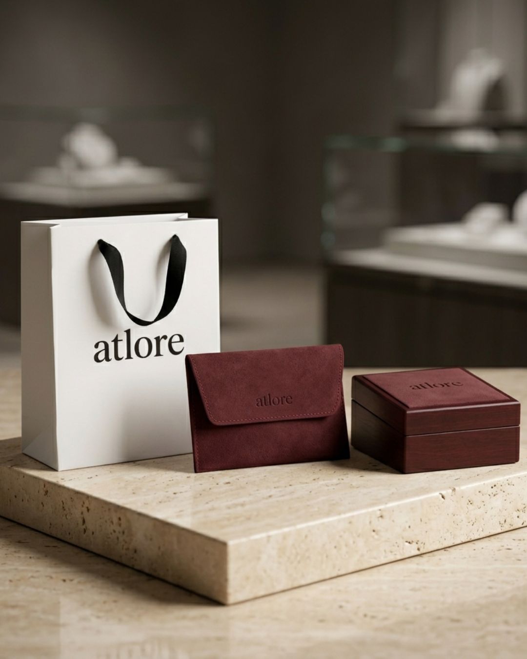 A cohesive custom jewelry packaging collection featuring a coated white card bag, deep maroon suede-coated pouch, and a wooden box on travertine.