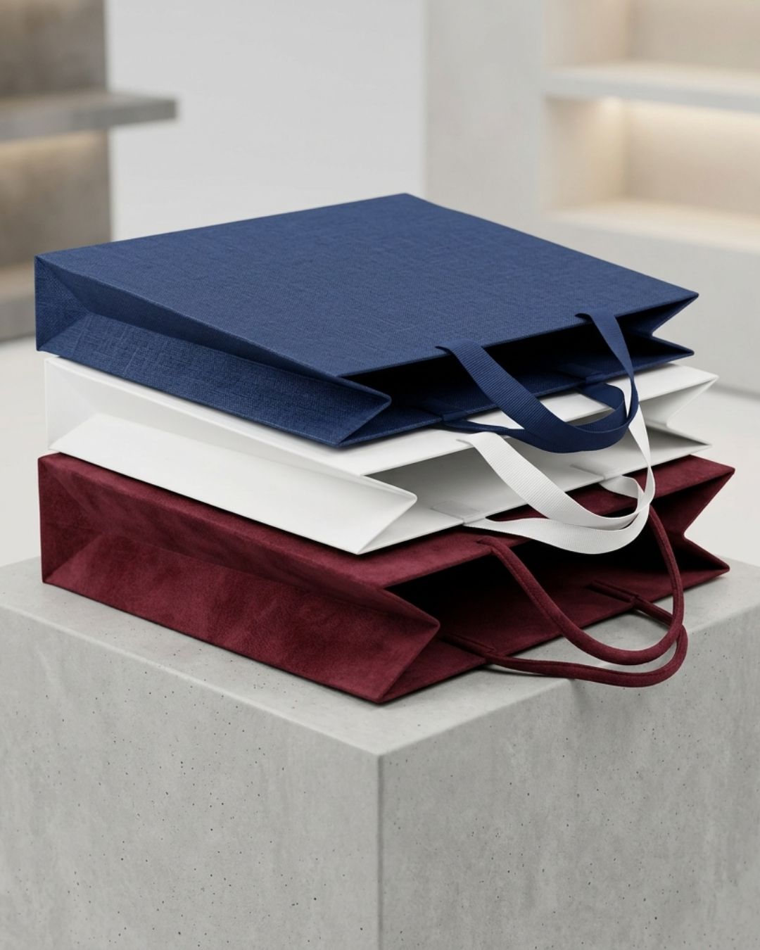 Flat-folded premium wholesale carrier bags displaying suede-coated, white card, and textured special paper options for jewelry packaging.