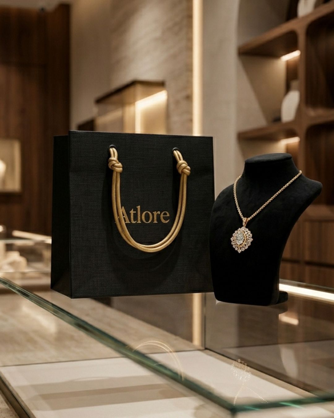 Custom branded black coated special paper jewelry packaging carrier bag sitting on a glass counter next to fine jewelry under boutique lighting.