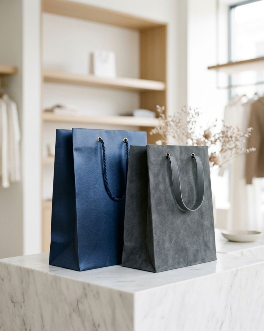  Luxury wholesale satin-coated and suede-coated rigid paper jewelry packaging carriers arranged neatly inside an airy boutique showroom.