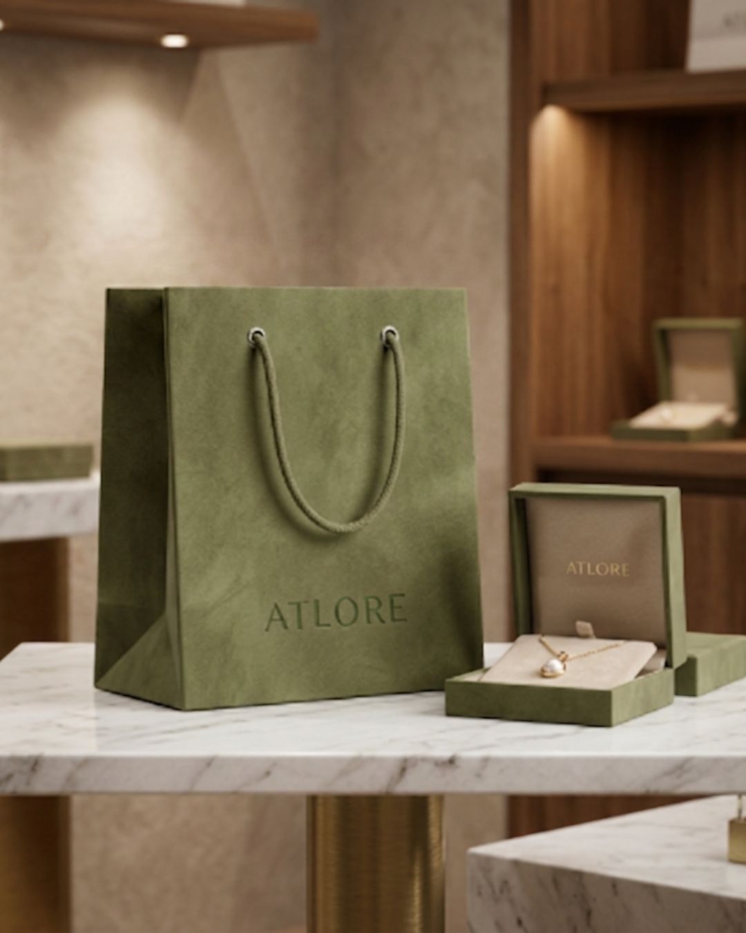 Premium structured olive green suede-coated paper transport bag displayed inside a luxury jewelry showroom