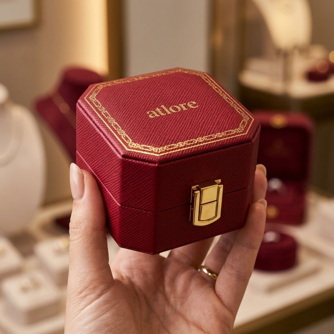 Luxury crimson red paper-plastic hybrid ring box with Saffiano-textured wrap and a golden metal clasp closure.