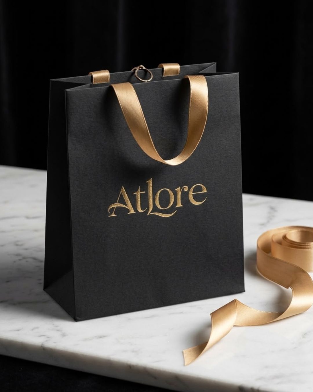 Custom matte black luxury jewelry paper bag with gold foil logo and soft satin handles.