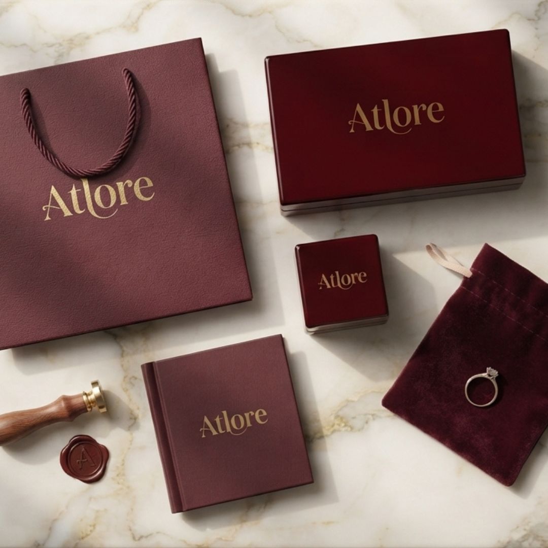 Flat-lay photo of curated maroon and gold Atlore luxury packaging items including bags, boxes, pouches, and jewelry on a marble counter 