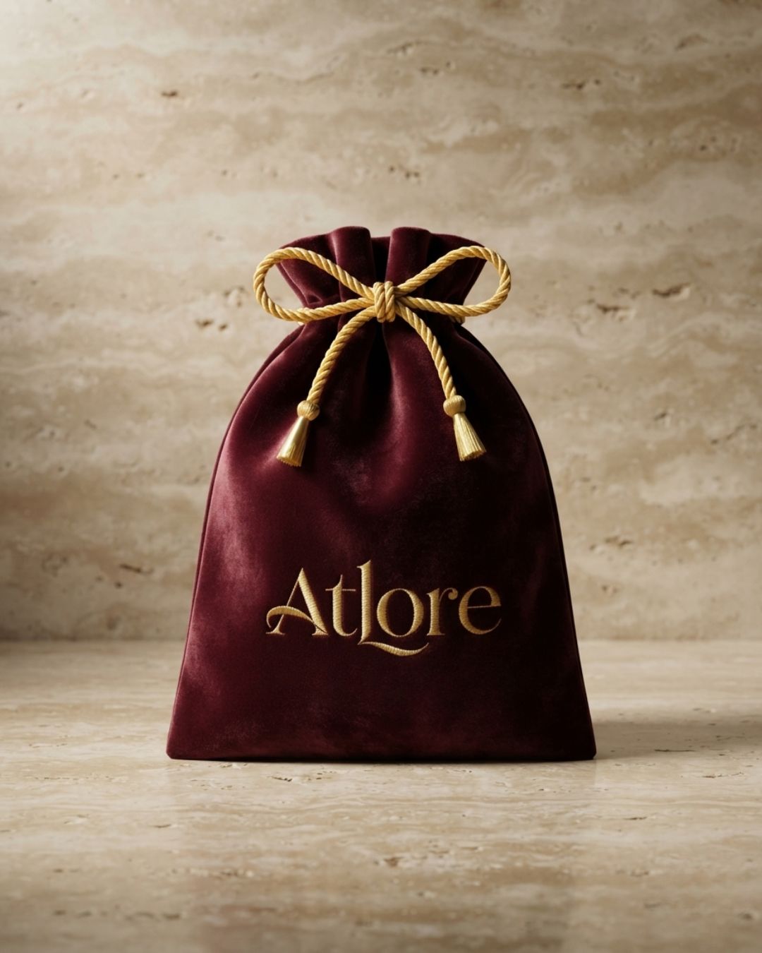 Close-up of a deep maroon velvet drawstring jewelry pouch with gold embroidered Atlore logo on marble.