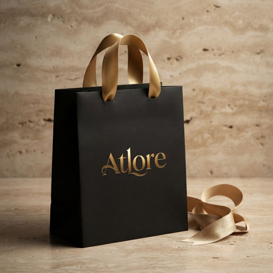 Standing matte black luxury jewelry bag with gold satin handles and gold foil Atlore logo